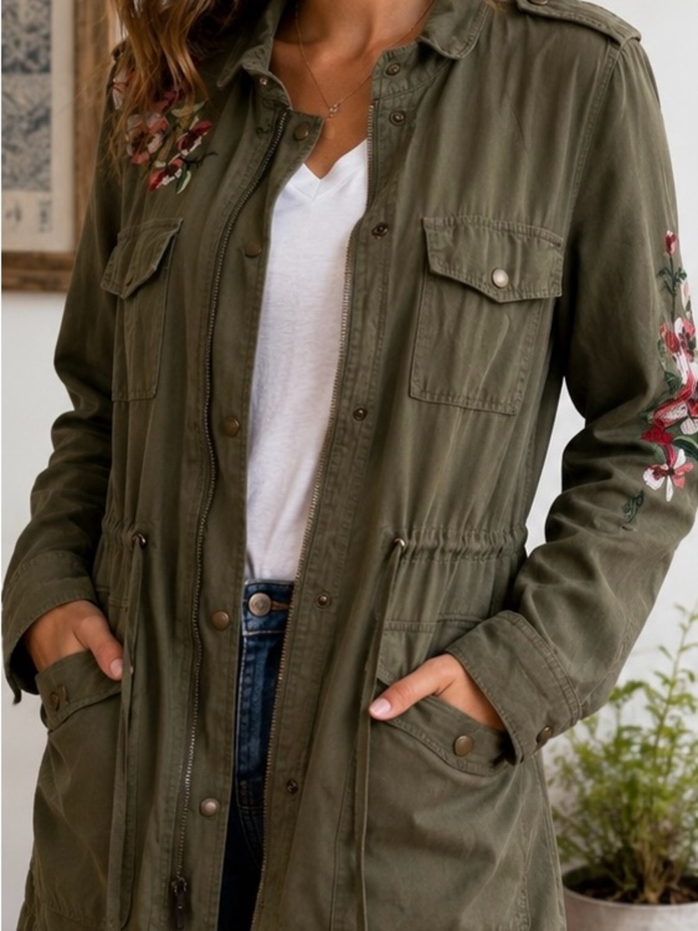 Knox Rose Women's Green Embroidered Floral Military Utility Jacket Pockets XL